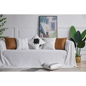 DEZENE Decorative Throw Pillow Covers: Set of 6 Modern Boho Square Cotton and Faux Leather Pillow Cases for Home Decor Living Room Farmhouse Sofa Couch, 18 x 18 Inch, White/Black/Brown