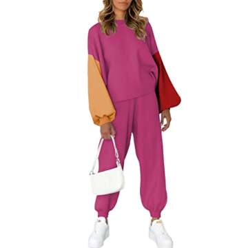 Viottiset Women's 2 Piece Outfits Sweater Set Color Block Casual Knit Pullover Sweatsuit Loungewear Hot Pink M