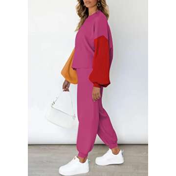 Viottiset Women's 2 Piece Outfits Sweater Set Color Block Casual Knit Pullover Sweatsuit Loungewear Hot Pink M
