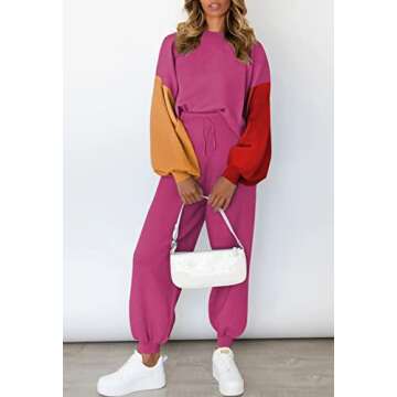 Viottiset Women's 2 Piece Outfits Sweater Set Color Block Casual Knit Pullover Sweatsuit Loungewear Hot Pink M