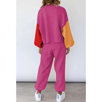 Viottiset Women's 2 Piece Outfits Sweater Set Color Block Casual Knit Pullover Sweatsuit Loungewear Hot Pink M