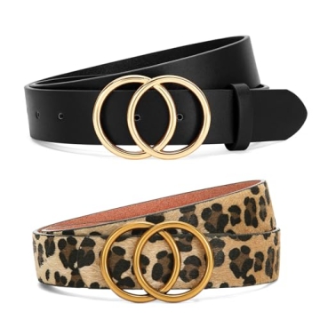 SANSTHS 2 Pack Women Leather Belts Faux Leather Jeans Belt with Double O-Ring Buckle (Black & Leopard, M)