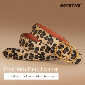 SANSTHS 2 Pack Women Leather Belts Faux Leather Jeans Belt with Double O-Ring Buckle (Black & Leopard, M)