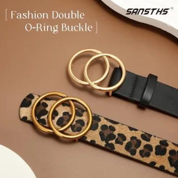 SANSTHS 2 Pack Women Leather Belts Faux Leather Jeans Belt with Double O-Ring Buckle (Black & Leopard, M)