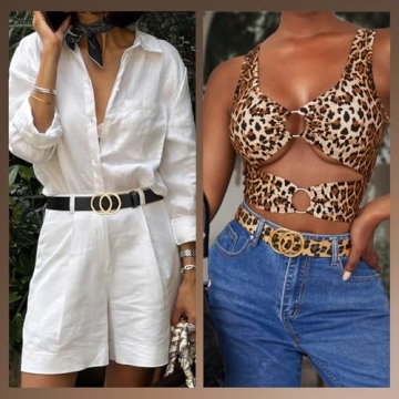 SANSTHS 2 Pack Women Leather Belts Faux Leather Jeans Belt with Double O-Ring Buckle (Black & Leopard, M)