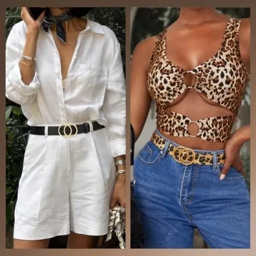 SANSTHS 2 Pack Women Leather Belts Faux Leather Jeans Belt with Double O-Ring Buckle (Black & Leopard, M)