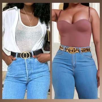 SANSTHS 2 Pack Women Leather Belts Faux Leather Jeans Belt with Double O-Ring Buckle (Black & Leopard, M)