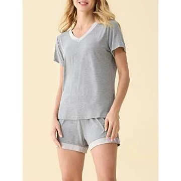 Latuza Women's V-neck Sleepwear Short Sleeve Pajama Set M Light Gray
