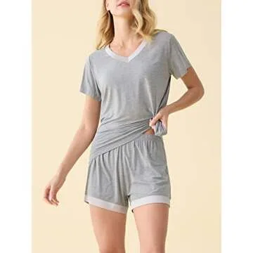 Latuza Women's V-neck Sleepwear Short Sleeve Pajama Set M Light Gray