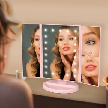 WEILY Makeup Vanity Mirror with 3x/2x Magnification,Trifold Makeup Mirror with 21 Led Lights,80 Degree Adjustable Rotation,Countertop Cosmetic Mirror (Pink)