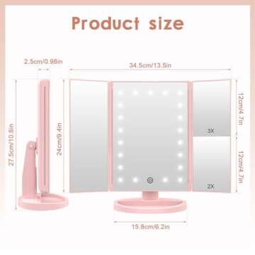 WEILY Makeup Vanity Mirror with 3x/2x Magnification,Trifold Makeup Mirror with 21 Led Lights,80 Degree Adjustable Rotation,Countertop Cosmetic Mirror (Pink)