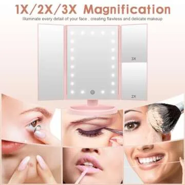 WEILY Makeup Vanity Mirror with 3x/2x Magnification,Trifold Makeup Mirror with 21 Led Lights,80 Degree Adjustable Rotation,Countertop Cosmetic Mirror (Pink)