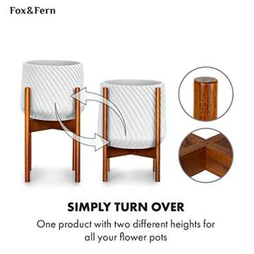 Fox & Fern Mid Century Plant Stand — 10 Inch Fixed Size Wooden Plant Stand for Indoor Planters; Raised Flower Pot Holder for Indoors; Plug In Design; Two Height Options; Easy to Assemble - Acacia
