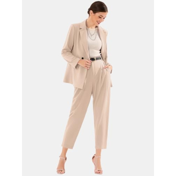 EXLURA Women's Business Blazer and High Elastic Waist Pant Suit Set Loose Fit Casual Fall Winter 2 Piece Suits for Work Apricot