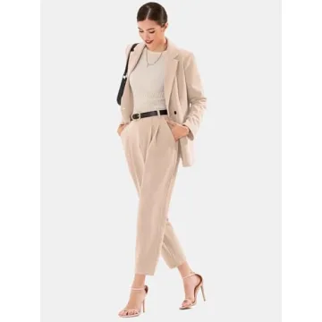 EXLURA Women's Business Blazer and High Elastic Waist Pant Suit Set Loose Fit Casual Fall Winter 2 Piece Suits for Work Apricot