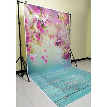 HUAYI 5x10ft Flower Wall Pink Photography Backgrounds Newborn Photo Studio Green Wood Floor D-9923