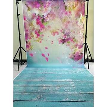 HUAYI 5x10ft Flower Wall Pink Photography Backgrounds Newborn Photo Studio Green Wood Floor D-9923