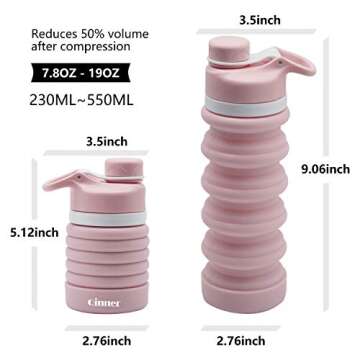 Collapsible Water Bottle foldable Reusable Food-Grade Silicone Leak Proof Portable Travel &SportsWater Bottle with Carabiner , 19oz (Pink)
