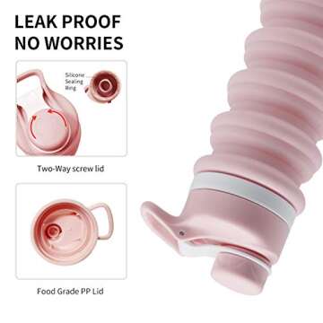 Collapsible Water Bottle foldable Reusable Food-Grade Silicone Leak Proof Portable Travel &SportsWater Bottle with Carabiner , 19oz (Pink)
