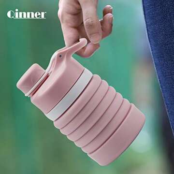Collapsible Water Bottle foldable Reusable Food-Grade Silicone Leak Proof Portable Travel &SportsWater Bottle with Carabiner , 19oz (Pink)