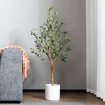 OAKRED Artificial Olive Tree, 4FT Tall Fake Silk Plants with Natural Wood Trunk Faux Potted Tree for Home Decor Indoor Office Porch, Set of 1