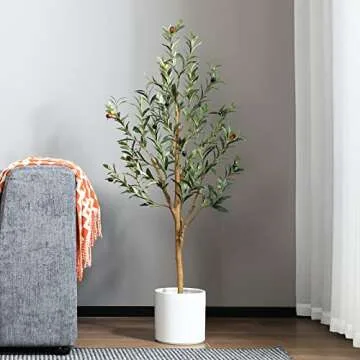 OAKRED Artificial Olive Tree, 4FT Tall Fake Silk Plants with Natural Wood Trunk Faux Potted Tree for Home Decor Indoor Office Porch, Set of 1
