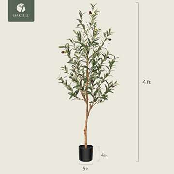 OAKRED Artificial Olive Tree, 4FT Tall Fake Silk Plants with Natural Wood Trunk Faux Potted Tree for Home Decor Indoor Office Porch, Set of 1