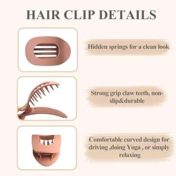 4 PCS Flat Hair Clips, Round Lay Down Hair Claw Clips for Women Girls, French Strong Hold Hair Barrettes for Thick Thin Hair,Comfortable Curved Flat Clips for Lying,Driving and More (Matte)