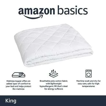 Amazon Basics Hypoallergenic Quilted Breathable Mattress Topper Pad, 18 Inches Deep, King Size, Whit...