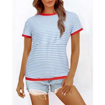 Peauty Summer Breastfeeding Shirts for Women Nursing Tops Round Neck Short Sleeve Plus Size (Light Blue L)