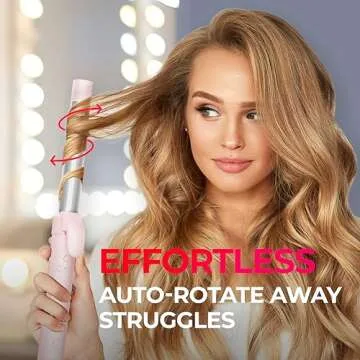 Rotating Curling Iron 1 Inch for Beach Waves - TYMO Automatic Curling Wand for Long Hair, Long Barrel Hair Curler for Women, 40 Million Ions, 8S Fast & Easy Curl for 48H, 5 Temps & Dual Voltage, Pink