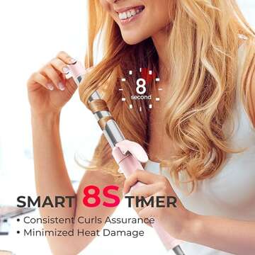 Rotating Curling Iron 1 Inch for Beach Waves - TYMO Automatic Curling Wand for Long Hair, Long Barrel Hair Curler for Women, 40 Million Ions, 8S Fast & Easy Curl for 48H, 5 Temps & Dual Voltage, Pink