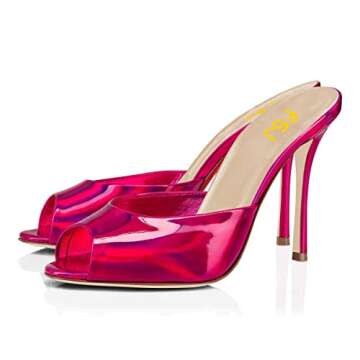 FSJ Women Graceful Peep Toe Mules Stiletto High Heel Slip On Comfy Summer Casual Ladies Slipper Shoes Size 7 12cm Fuchsia