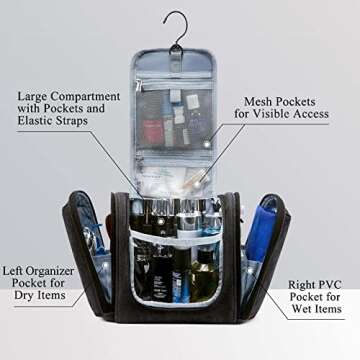 BAGSMART Travel Toiletry Bag for Women, Hanging Toiletry Bag with Hook, Travel Cosmetic Makeup Bag Travel Organizer for Accessories, Shampoo, Full Sized Container, Toiletries,Black-Medium