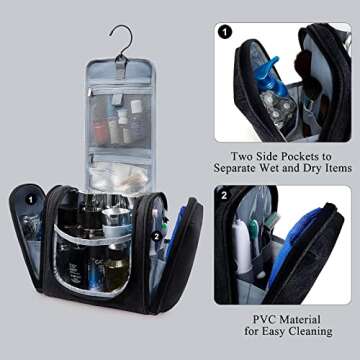 BAGSMART Travel Toiletry Bag for Women, Hanging Toiletry Bag with Hook, Travel Cosmetic Makeup Bag Travel Organizer for Accessories, Shampoo, Full Sized Container, Toiletries,Black-Medium