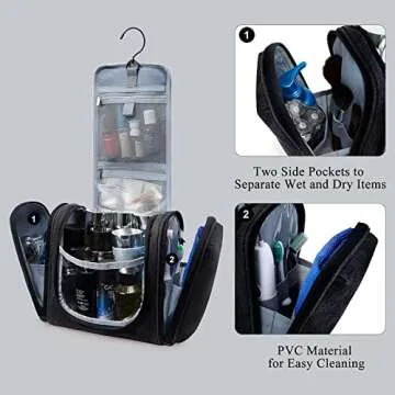 BAGSMART Travel Toiletry Bag for Women, Hanging Toiletry Bag with Hook, Travel Cosmetic Makeup Bag Travel Organizer for Accessories, Shampoo, Full Sized Container, Toiletries,Black-Medium