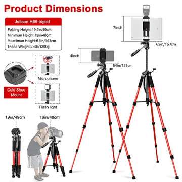 JOILCAN 65” Camera/Tablet/Phone Tripod, Aluminum Lightweight Tripod Stand 11 lbs Load with Universal Phone/Tablet Mount,2PC Quick Plates for Cannon Nikon Camera,IPAD and iPhone(Red)