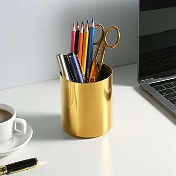 Gold Pencil Holder for Desk, 304 Stainless Steel Pencil Cup, Pen Holder Cup, Pen Pot, Makeup Brush Holder, Desktop Accessory Stationery Organizer