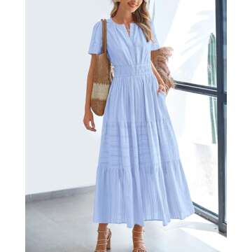 BTFBM Womens Summer 2025 Casual Midi Maxi Dresses Lightweight Short Sleeve V Neck Elastic Waist Boho...