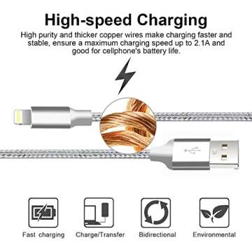cugunu iPhone Charger, 5 Pack 3/3/6/6/10FT Apple MFi Certified USB Lightning Cable Nylon Braided Fast Charging Cord Compatible for iPhone 14/13/12/11/X/Max/8/7/6/5/SE/Plus/iPad - Silver