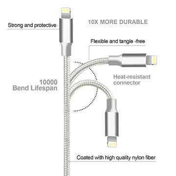 cugunu iPhone Charger, 5 Pack 3/3/6/6/10FT Apple MFi Certified USB Lightning Cable Nylon Braided Fast Charging Cord Compatible for iPhone 14/13/12/11/X/Max/8/7/6/5/SE/Plus/iPad - Silver