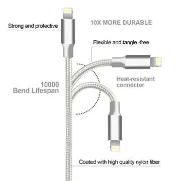 cugunu iPhone Charger, 5 Pack 3/3/6/6/10FT Apple MFi Certified USB Lightning Cable Nylon Braided Fast Charging Cord Compatible for iPhone 14/13/12/11/X/Max/8/7/6/5/SE/Plus/iPad - Silver