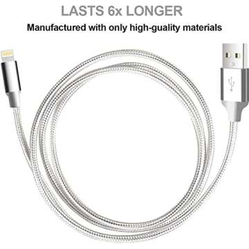cugunu iPhone Charger, 5 Pack 3/3/6/6/10FT Apple MFi Certified USB Lightning Cable Nylon Braided Fast Charging Cord Compatible for iPhone 14/13/12/11/X/Max/8/7/6/5/SE/Plus/iPad - Silver