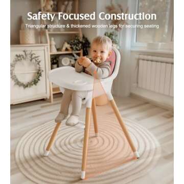 Convertible Baby High Chair, 3-in-1 Wooden Highchair/Toddler Chair with Removable Tray, Feeding & Dining Chair with 5-Point Harness, PU Cushion, Footrest for Babies & Toddlers, Pink