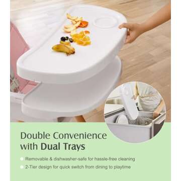 Convertible Baby High Chair, 3-in-1 Wooden Highchair/Toddler Chair with Removable Tray, Feeding & Dining Chair with 5-Point Harness, PU Cushion, Footrest for Babies & Toddlers, Pink