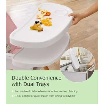 Convertible Baby High Chair, 3-in-1 Wooden Highchair/Toddler Chair with Removable Tray, Feeding & Dining Chair with 5-Point Harness, PU Cushion, Footrest for Babies & Toddlers, Pink