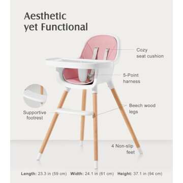 Convertible Baby High Chair, 3-in-1 Wooden Highchair/Toddler Chair with Removable Tray, Feeding & Dining Chair with 5-Point Harness, PU Cushion, Footrest for Babies & Toddlers, Pink
