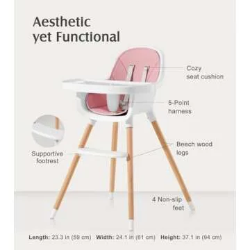 Convertible Baby High Chair, 3-in-1 Wooden Highchair/Toddler Chair with Removable Tray, Feeding & Dining Chair with 5-Point Harness, PU Cushion, Footrest for Babies & Toddlers, Pink
