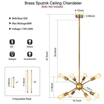 SineRise Sputnik Chandeliers Gold, 8 Lights Modern Sputnik Lighting Fixture with Adjustable Height f...