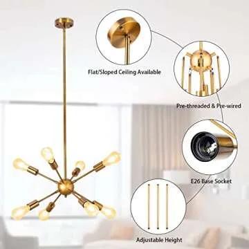 SineRise Sputnik Chandeliers Gold, 8 Lights Modern Sputnik Lighting Fixture with Adjustable Height for Dining Room, Living Room, Kitchen, Bedroom and Hallway
